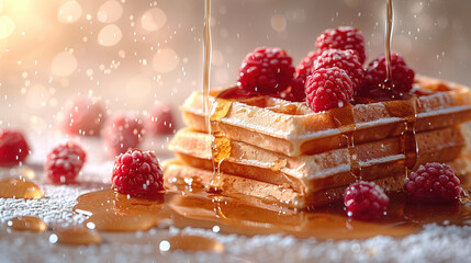 Delicious waffles with raspberries and syrup.