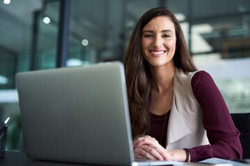 Happy businesswoman and portrait with laptop for work, email and connection. Female employee,...