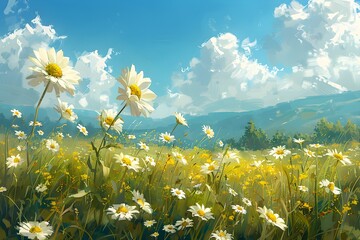 Gemalte Blumenwiese mit Gänseblümchen, bewegter blaue Himmel mit Wolken und Bergen in der Ferne	 - obrazy, fototapety, plakaty