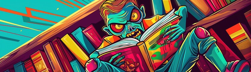 Zombies lost in books, their eyes scanning each line, depicted a quiet moment of reading in a closeup
