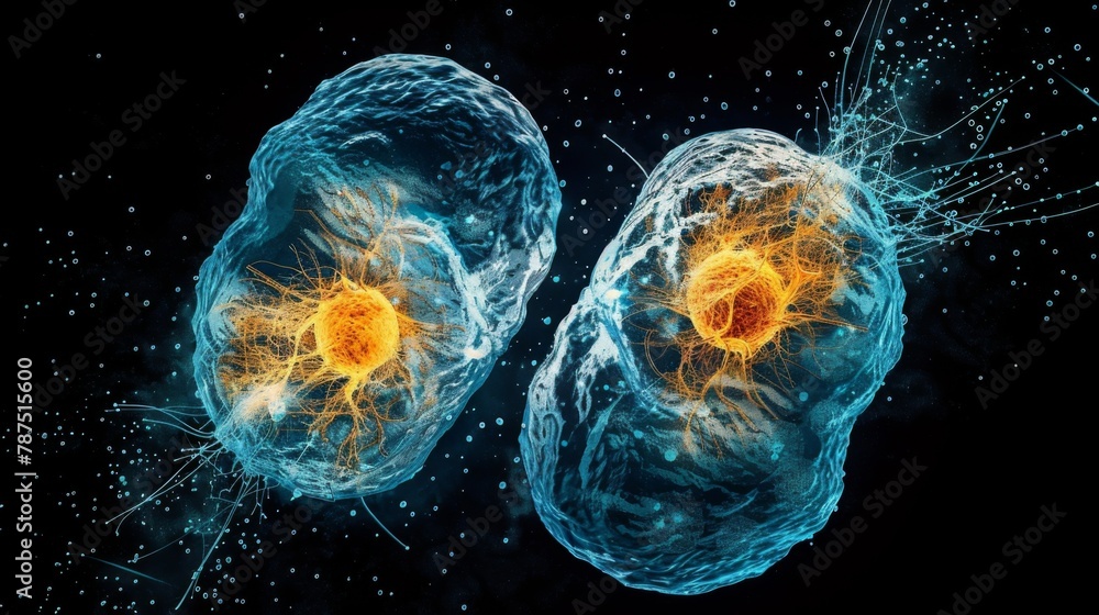 Poster cell division can be seen in this image of a developing cell its nucleus splitting into two distinct