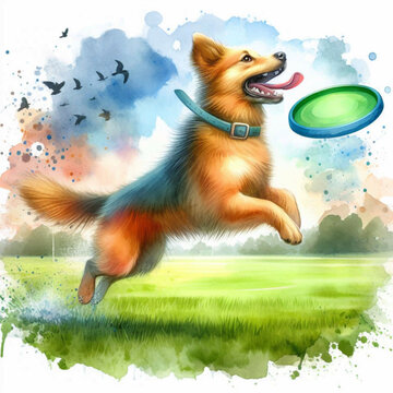 Watercolor Painting of a German Shepherd Dog Catching a Frisbee
