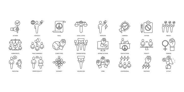 activism icons set. Set of editable stroke icons.Set of activism