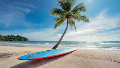 Fototapeta na wymiar Surfing Paradise. A Summer Scene with Board and Palms.