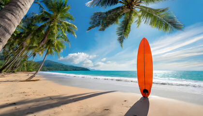 Tropical Bliss. Surfboard Rests on Sun-Drenched Beach.