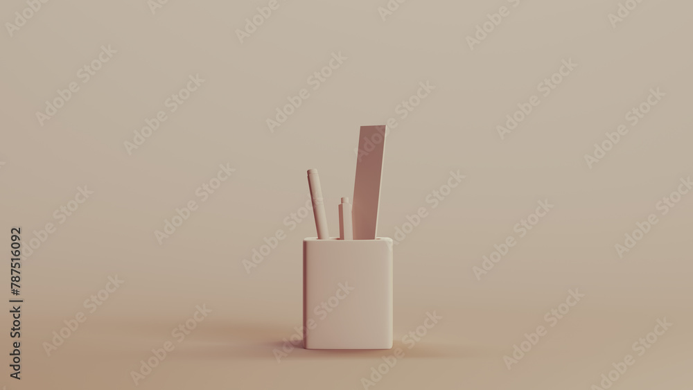 Poster desk tidy studio space object pen neutral backgrounds soft tones beige brown 3d illustration render 