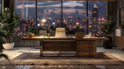 A mockup of a desk in a room with evening city lights glowing in the background  AI generated illustration