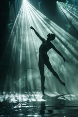 A woman is gracefully dancing on a stage, with vibrant lights illuminating her from behind. Her movements are fluid and captivating, showcasing a blend of contemporary and classical ballet styles