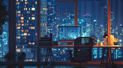 A mockup of a workspace with city lights shining in through the windows  AI generated illustration