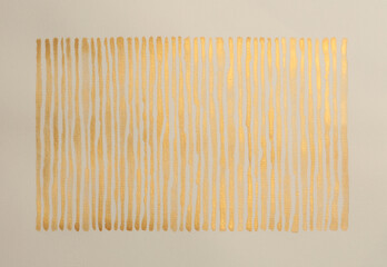 Gold bronze glitter ink watercolor wave line strip stain blot on beige grain paper texture background. - 787516267