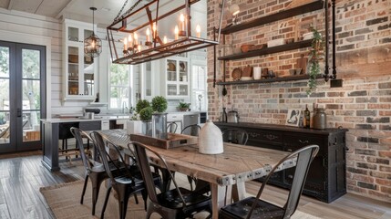 Naklejka premium A dining room with a reclaimed wooden table and matte black metal chairs. The walls are covered in a mix of mattefinished brick and shiplap adding a rustic touch to the industrialstyle .