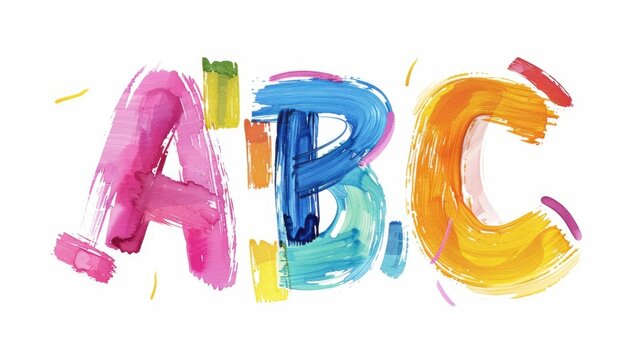 Bright and educational letter A, B, C poster for children, each letter distinctively painted with colorful, playful brushstrokes on a simple background,