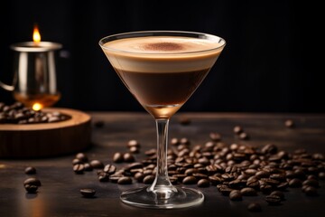 A glass filled with liquid sits next to a pile of coffee beans in this composition. The rich aroma of coffee beans blends with the drink, creating a perfect pairing