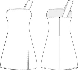 sleeveless strapless neck one shoulder strap strappy slit zippered a-line short mini dress template technical drawing flat sketch cad mockup fashion woman design style model
