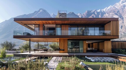 A modern villa with a wooden exterior and mountain backdrop  AI generated illustration