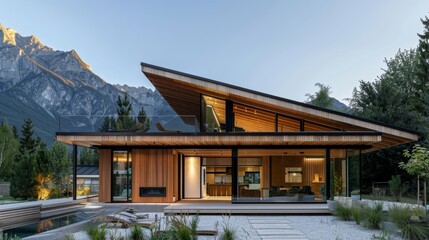 A modern wooden villa with a sloped roof and mountain backdrop  AI generated illustration