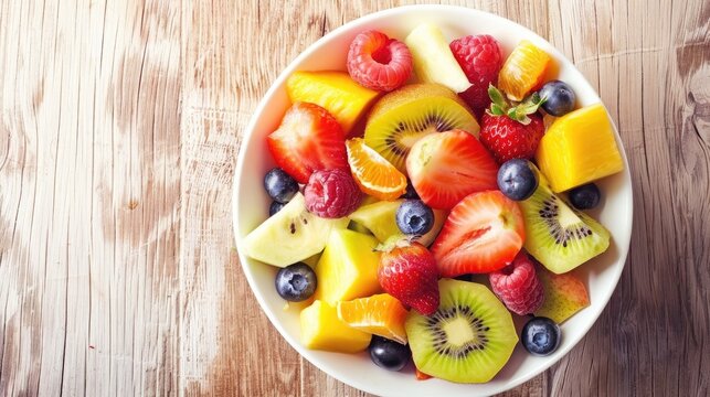 Fresh and healthy fruit salad in a white bowl on a wooden surface