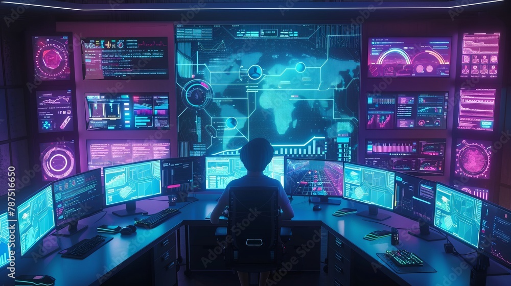 Poster a person sitting at a computer desk surrounded by screens displaying various information ai generate