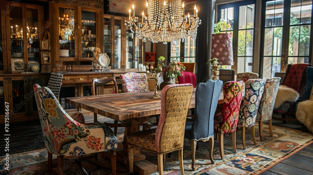 Poster the dining area features a rustic wooden table surrounded by mismatched chairs in different patterns