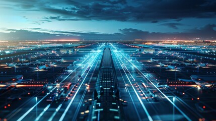 Fototapeta na wymiar Nighttime Aerial View of Busy Airport