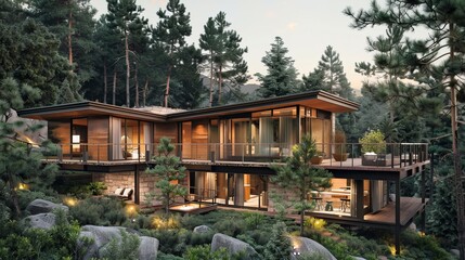 A serene mountain cottage with a wooden facade and pine tree landscaping  AI generated illustration