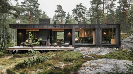 Fototapeta na wymiar A serene Scandinavian home with a wooded facade and forest backdrop AI generated illustration