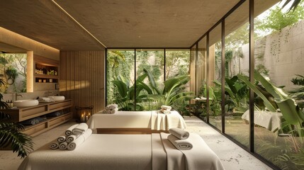A serene spa with plush robes and massage tables  AI generated illustration