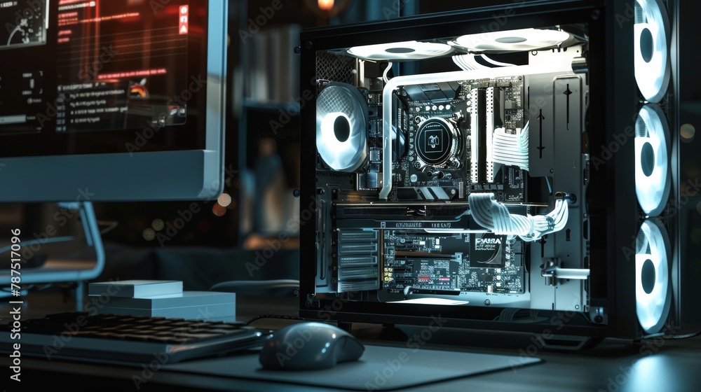 Poster a sleek desktop computer with a transparent casing showing off its internal components ai generated 
