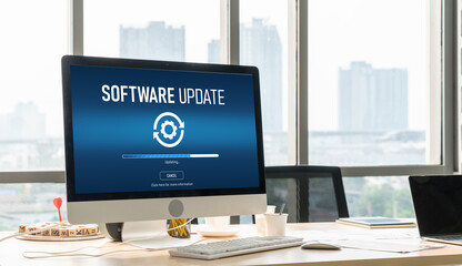 Software update on computer for modish version of device software upgrade - obrazy, fototapety, plakaty