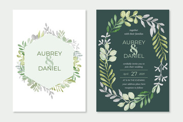 wedding invitation with green foliage watercolor frame
