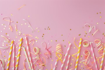 Pink and Yellow Striped Straws With Confetti and Streamers