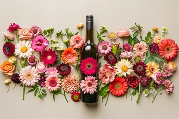 Shape of a wine bottle made from flowers