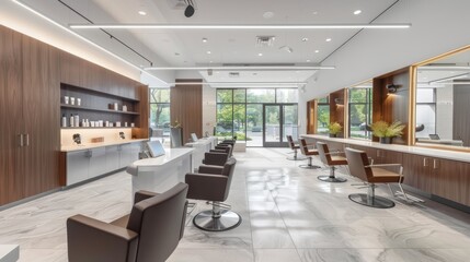 A sleek hair salon with modern styling stations and comfortable chairs  AI generated illustration