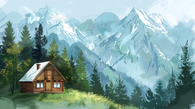 A sketch of a cozy log cabin nestled in the mountains  AI generated illustration