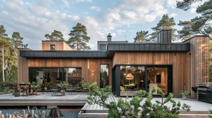 Fototapeta premium A sophisticated Scandinavian property with a wooden facade and spruce trees AI generated illustration
