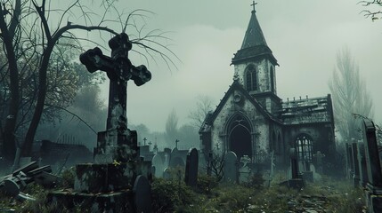 Fototapeta premium A spooky graveyard with a dilapidated chapel AI generated illustration