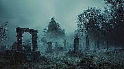 A spooky graveyard with eerie mist drifting through the tombstones  AI generated illustration