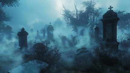 A spooky graveyard with mist swirling around the tombstones  AI generated illustration