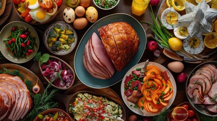 Traditional Easter foods like ham roasted vegetables and deviled eggs cover the table as seen from...
