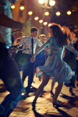 A woman in a dress is energetically dancing on the street, showcasing her moves with grace and style. The vibrant scene captures her fluid movements as she enjoys the music and rhythm around her