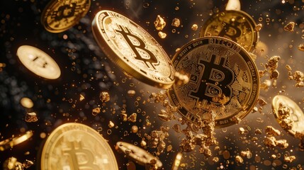 golden bitcoins falling, dark background