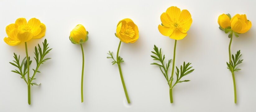 Yellow buttercup flowers are separated on a white background.