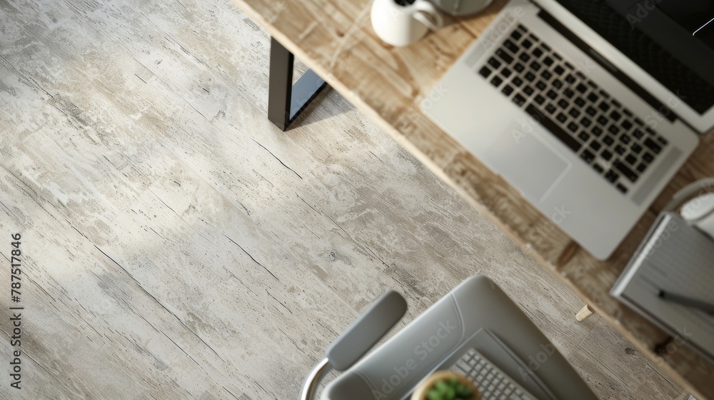 Poster in a home office a desk made from travertinelook lvt is the perfect blend of style and functionality