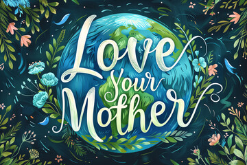 "Love Your Mother" eco-friendly Earth Day concept illustration with floral and fauna elements. Hand-lettered design with calligraphy and nature motifs.