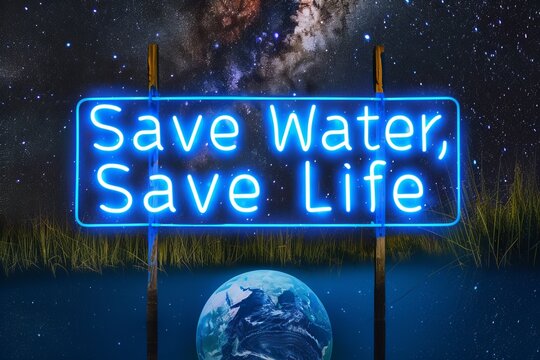 "Save Water, Save Life" neon sign against a starry night sky with a digital earth image. Environmental awareness concept