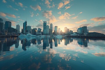 A modern coastal city skyline reflecting in the calm waters of the harbo