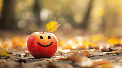 Smiling red apple with leaf on top on blurred background of fall forest. Copy space. Healthy eating concept. - 787518297