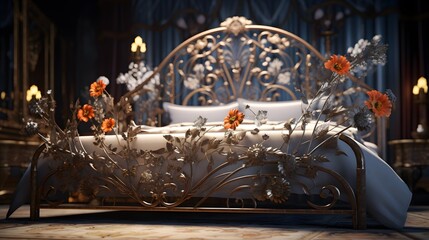 Fototapeta na wymiar Intricate floral details on an iron bed, bathed in natural light, presented in ultra-HD precision.