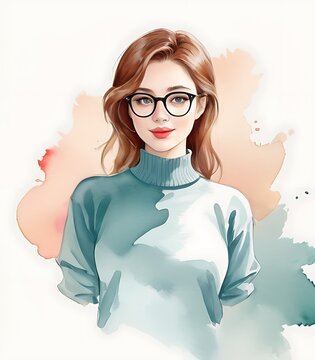 soft background, beautiful women wearing glasses like a teacher concept, illustration, 2d, watercolor
