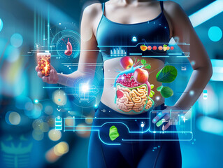 Digital diet infographic, with a girl in a tracksuit in the background. Visualization of metabolism and fat burning.